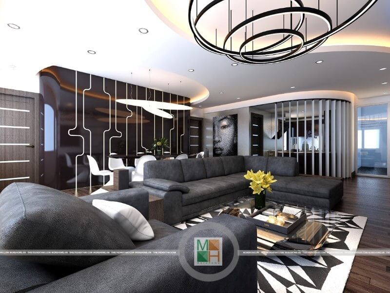 Thiết kế nội thất chung cư cao cấp với bộ sofa da màu đen sang trọng tạo điểm nhấn nổi bật cho phòng khách. thiết kế chung cư