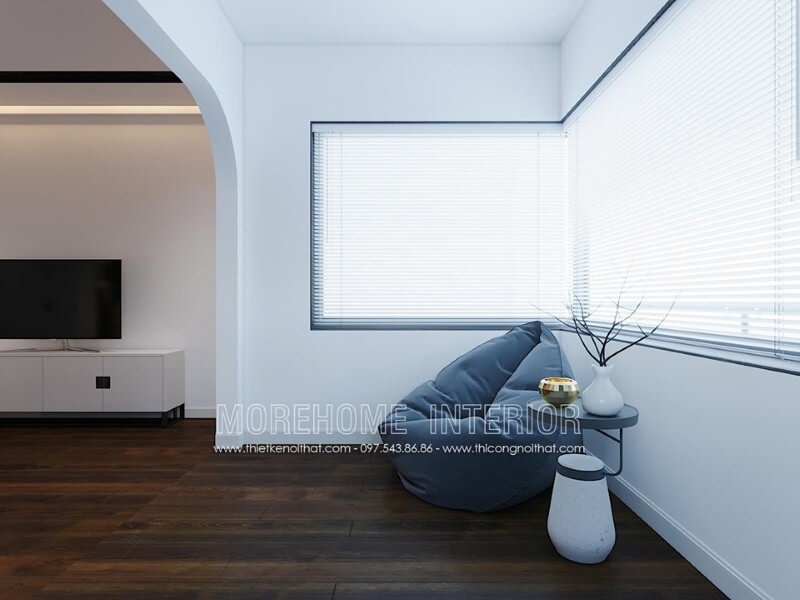 Ghế lười màu xám kết hợp cùng chiếc bàn nhỏ xinh xắn vừa đảm bảo công năng vừa mang lại vẻ đẹp thẩm mỹ lại vừa giúp phòng đọc sách trở nên thông thoáng. thiết kế chung cư