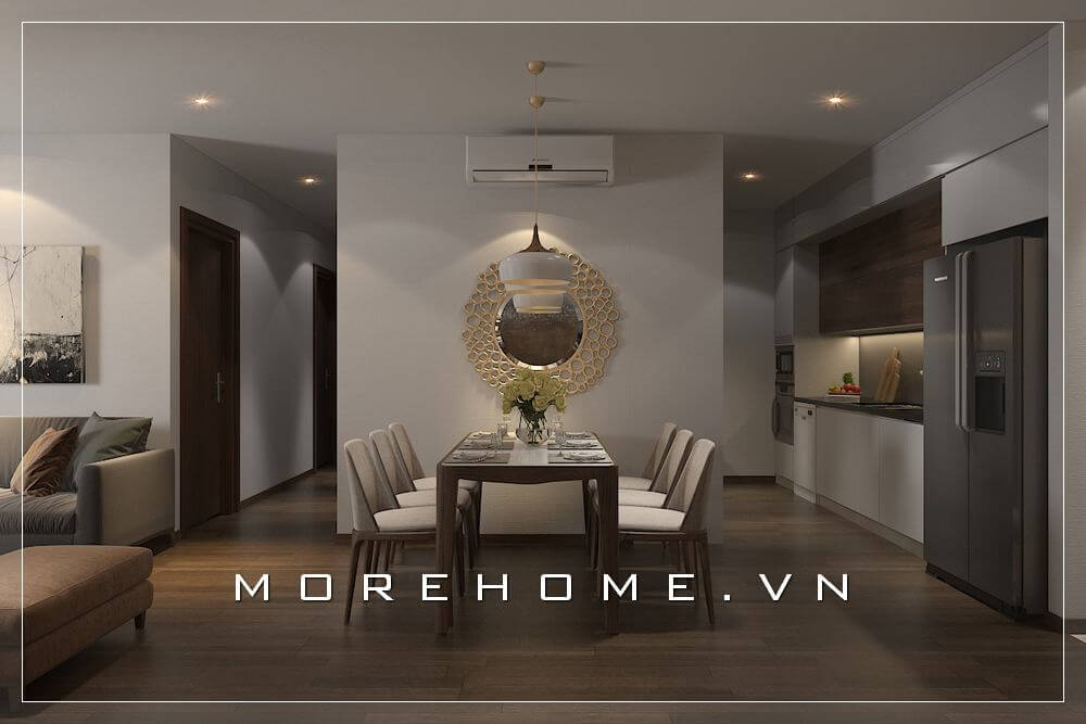 Mẫu bàn ăn gỗ mặt đá cao cấp với thiết kế 6 ghế tạo không gian ấm cúng cho gia đình Thiết kế phòng ăn chung cư đẹp và sang trọng