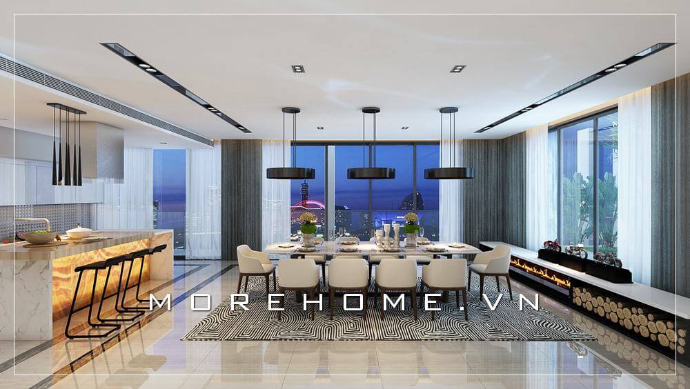 Mẫu bàn ăn mặt đá cao cấp, thiết kế 10 ghế gỗ hiện đại tiện nghi cho không gian ăn uống và tiếp khách của gia đình Thiết kế phòng ăn chung cư đẹp và sang trọng