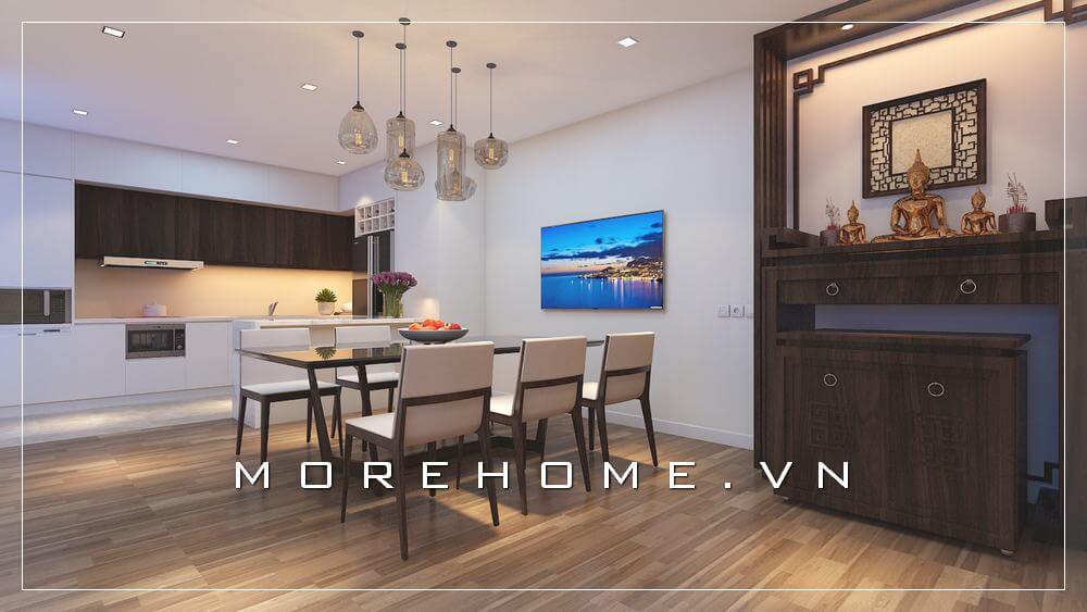 Mẫu bàn ăn gỗ hiện đại với thiết kế mặt đá cao cấp mang đến không gian phòng ăn ấn tượng cho nhà chung cư Thiết kế phòng ăn chung cư đẹp và sang trọng