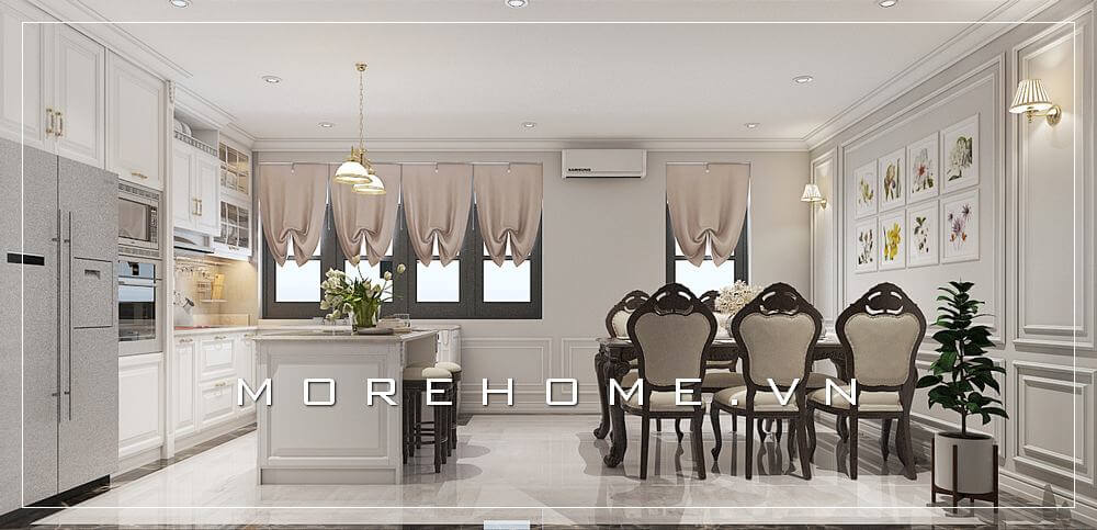 Mẫu bàn ăn gỗ tự nhiên tân cổ điển cao cấp sang trọng cho phòng bếp ăn chung cư Thiết kế phòng ăn chung cư đẹp và sang trọng