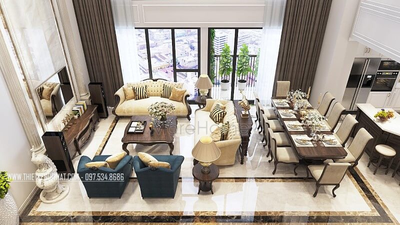 Sofa phòng khách bọc nỉ gỗ óc chó tân cổ điển đẹp đẳng cấp Thiết kế chung cư
