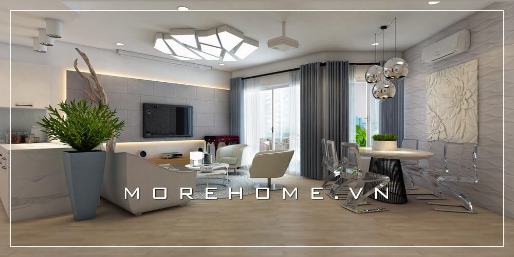 Thiết kế nội thất phòng khách liền phòng ăn phong cách hiện đại sử dụng tone màu trắng tạo cảm giác tươi mới và thoáng mát cho ngôi nhà Thiết kế chung cư