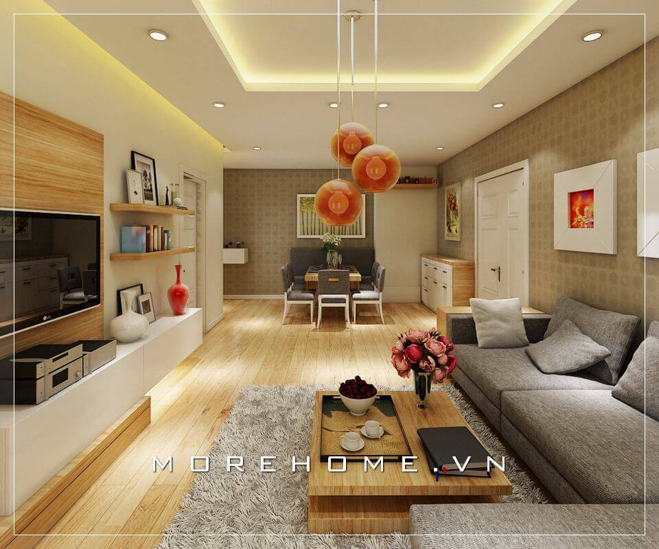 Thiết kế phòng khách đơn giản với nội thất gỗ hiện đại tone màu nâu chủ đạo tạo nên không gian ấm cúng và sang trọng nhất Thiết kế chung cư