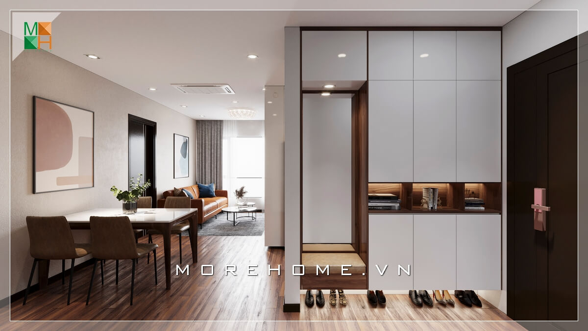 Mẫu tủ quần áo gỗ kết hợp giá để giầy hiện đại thiết kế kịch trần âm tường tối giản diện tích không gian nhà phố, chung cư. Mẫu nội thất chung cư đẹp