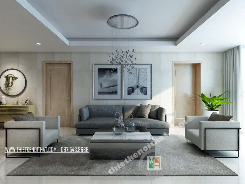 Mẫu thiết kế phòng khách chung cư sang trọng với bộ sofa bọc vài màu xám và trắng tạo điểm nhấn nổi bật cho căn phòng. Mẫu nội thất chung cư đẹp
