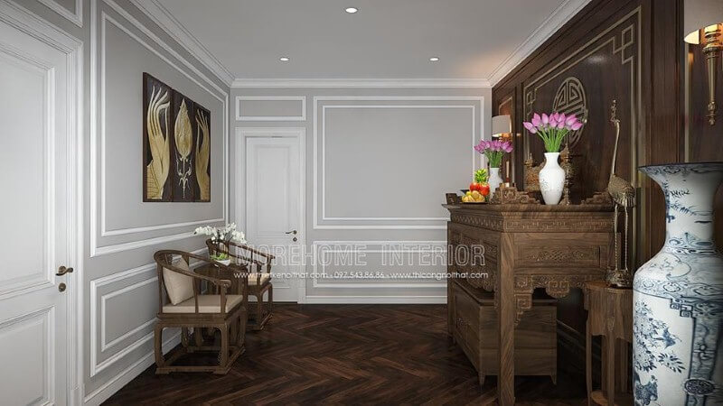 Sắp xếp nội thất phòng thờ đẹp, trang trọng hợp phong thủy từ nội thất gỗ óc chó cao cấp. thiết kế nội thất chung cư