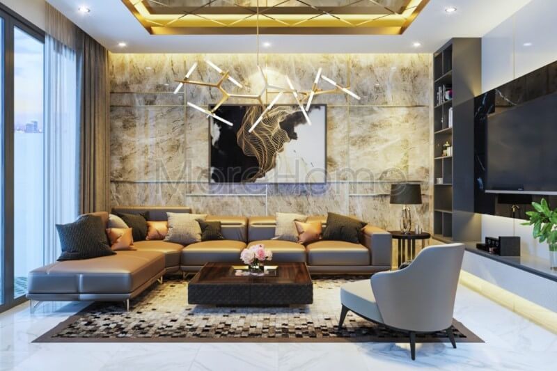 Mẫu sofa phòng khách có thiết kế chữ L bọc da hiện đại, kèm theo đó là bàn trà gỗ có màu trung tính ấm áp và tinh tế.