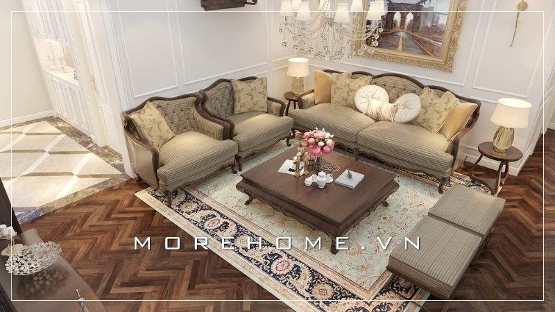Phong cách tân cổ điển được áp dụng trong thiết kế phòng khách biệt thự đẹp sang trọn là xu hướng thịnh hành trong năm nay.
